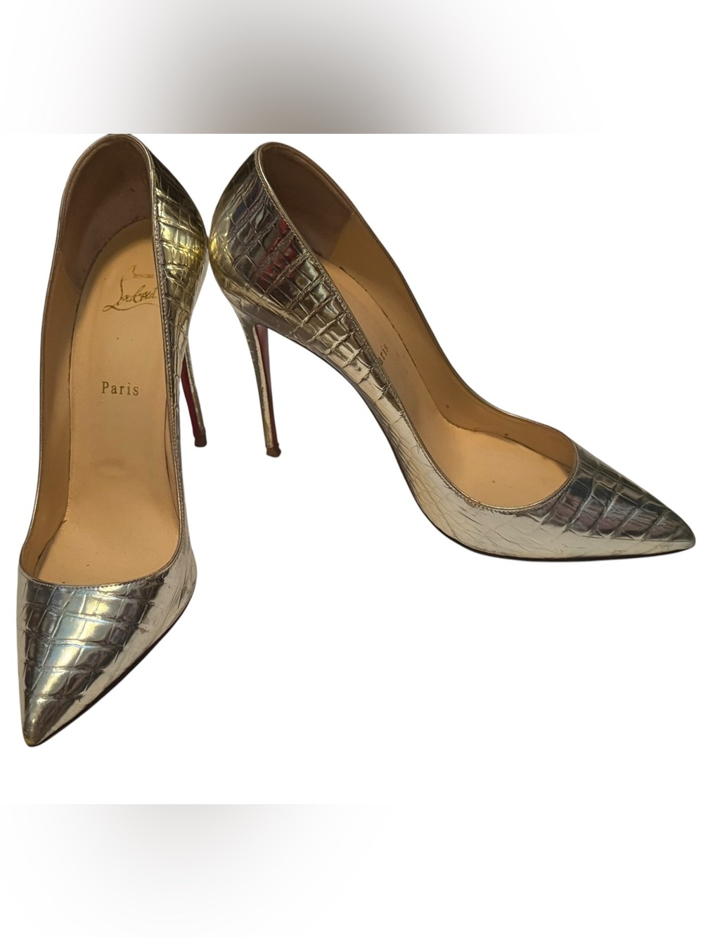 Christian Louboutin Metallic Silver Croc-Embossed Stiletto Pumps